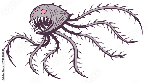 Spiked Tentacled Creature with Sharp Teeth and Pink Eyes Cartoon Illustration