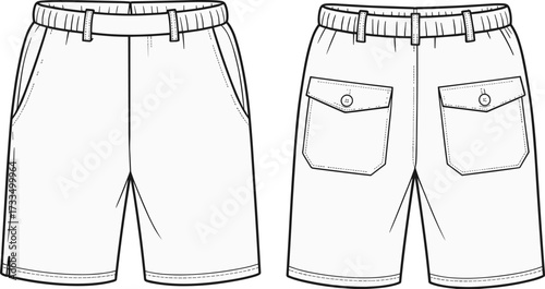 Technical fashion illustration, men’s shorts design, elastic waistband, belt loops, flap pockets, side slit hem, front and back view, apparel template