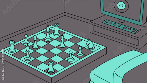 Stylized Chessboard with Pieces and Monitor in a Modern Room Setting