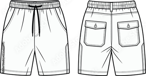 Technical fashion illustration, men’s shorts design, elastic waistband, drawstring front, flap pockets, panel seams, front and back view, apparel template