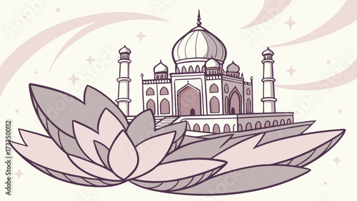 Stylized Taj Mahal atop a Lotus Flower soft pastel colors line art