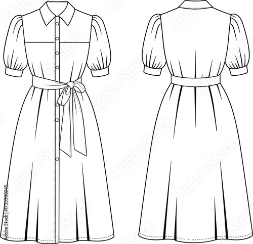 Technical fashion illustration, puff sleeve dress, belted waist, flared skirt, front and back view, garment sketch, sewing design, apparel template
