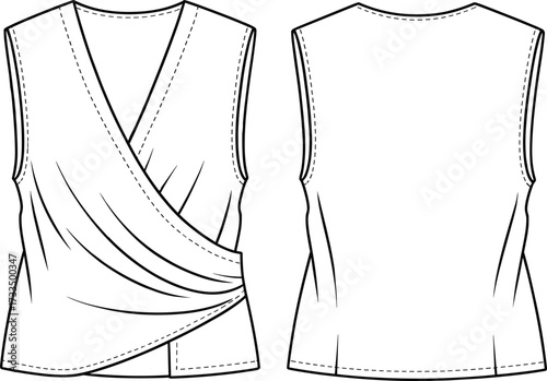 Technical fashion illustration, puff sleeve dress, belted waist, flared skirt, front and back view, garment sketch, sewing pattern, apparel template