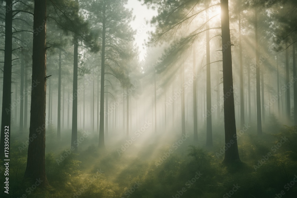 Fototapeta premium A sunlit forest landscape evokes feelings of peace and natural beauty. Capture the light, the atmosphere, and the raw energy of the woods.