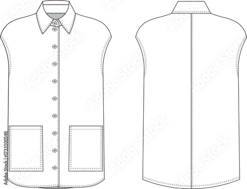 collared buttoned sleeveless with pockets long loose tunic shirt blouse top vest template technical drawing flat sketch cad mockup fashion woman design style model 
