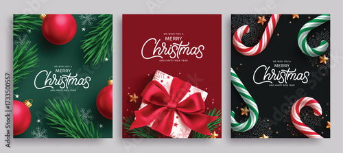 Merry Christmas greeting card clipart poster set. Christmas card and greeting wishes clip art with gift box, candy cane and balls decoration elements for holiday season Christmas banner collection