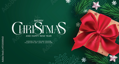 Merry Christmas greeting card clipart design. Christmas card and wishes clip art in elegant green background with red ribbon gift box decoration elements for holiday season banner vector illustration.