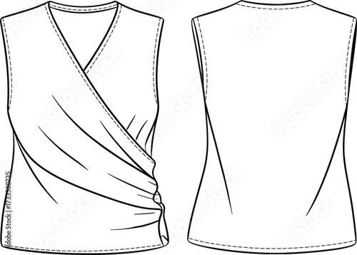 Technical fashion illustration, sleeveless wrap top, V-neckline, ruched waist, front and back view, garment sketch, sewing pattern, apparel template