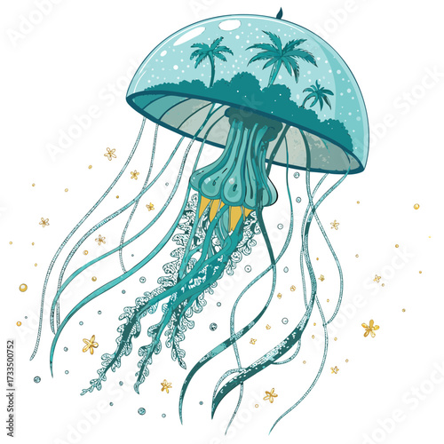Whimsical jellyfish illustration featuring a tropical island inside its bell.