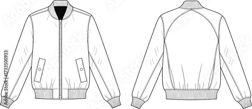 Technical fashion sketch, bomber jacket front and back, ribbed collar, flap pockets, zipper closure, curved yoke, garment design, illustration
