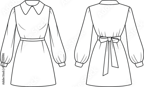 Technical fashion sketch, dress front and back, Peter Pan collar, puff sleeves, waist bow, garment design, vector template, apparel drawing