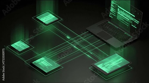 Digital network security concept with laptop, data processing, secure connections, and glowing green information flow on dark background.