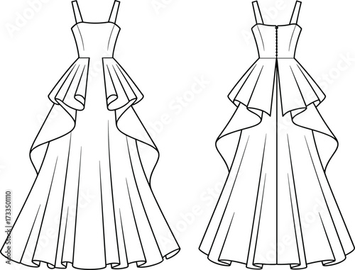 Technical fashion sketch, formal gown front and back, spaghetti straps, high-low overlay, flared hem, elegant silhouette, garment design, illustration