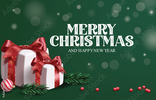 Merry Christmas green card clipart design. Christmas and happy new year greeting clip art with gift boxes, pine tree and holy berry decoration elements in green background vector illustration.
