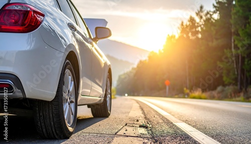 Wallpaper Mural A parked white vehicle on a road with a forest backdrop, lit by the setting sun Torontodigital.ca