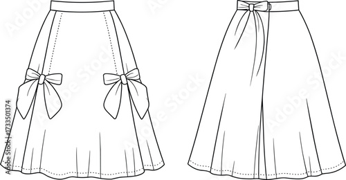 Technical fashion sketch, skirt front and back view, bow detail, pleated back slit, flared hem, garment design, apparel illustration
