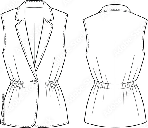 Technical fashion sketch, sleeveless vest front and back, notched lapel collar, cinched waist, single button, garment design, apparel illustration