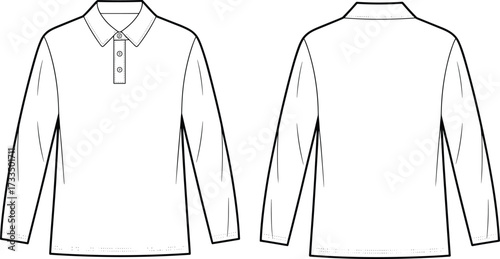 Technical polo shirt sketch, long sleeve design, button placket, classic collar, seam details, fashion illustration, garment template, sewing pattern, menswear style