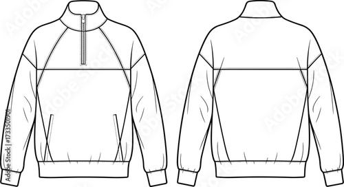 Technical pullover jacket sketch, raglan sleeve design, half zip front, welt pockets, ribbed cuffs hem, fashion template, garment illustration, apparel outline