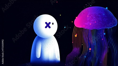 Curious abstract character observes a vibrant, glowing jellyfish with colorful flowing tendrils. Digital art illustration on dark background.
