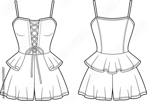 Technical romper sketch, spaghetti strap design, lace-up front, peplum waist, flared shorts, fashion illustration, garment template, sewing pattern, playful silhouette