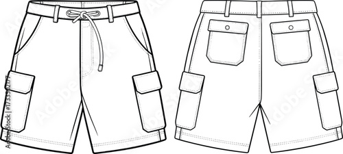 technical sketch, cargo shorts, fashion illustration, front view, back view, drawstring waistband, belt loops, flap pockets, menswear, garment design