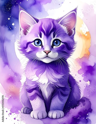 Purple kitten in starry watercolor