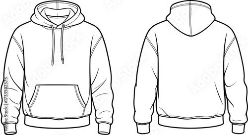 technical sketch, hooded sweatshirt, fashion illustration, front view, back view, drawstring hood, kangaroo pocket, ribbed cuffs, menswear, garment design