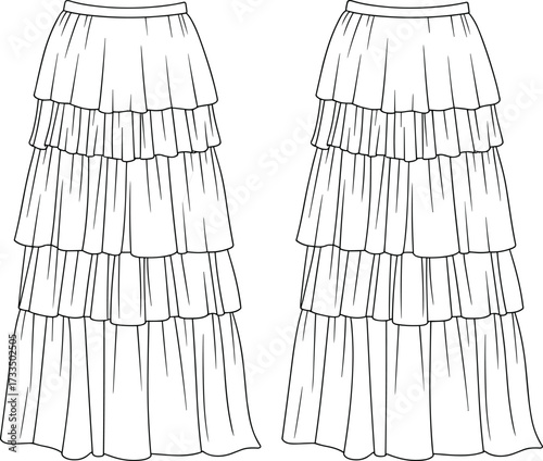 Technical skirt sketch, tiered design, long length, gathered layers, waistband detail, fashion illustration, garment template, sewing pattern, flowing silhouette