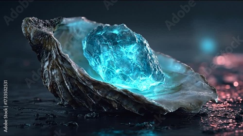 Luminous blue crystal glowing within an open oyster shell, mysterious fantasy treasure, precious iridescent gem discovery in dark environment
