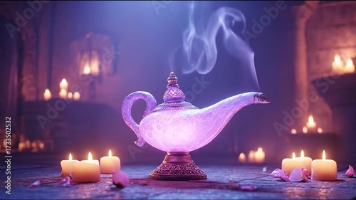 Mystical glowing magic lamp emitting smoke, surrounded by flickering candles in an ancient, enchanted chamber with purple light and rose petals.