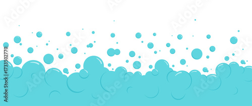 Water foam bubble background, cartoon soap pattern. Soda or sea, bath and wash, shampoo or underwater border. Air or laundry bg. Abstract blue fizz suds frame. Shower splash. Clean vector illustration