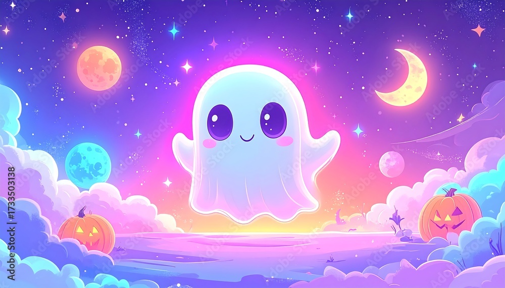 Fototapeta premium Cute cartoon ghost floating in night sky with stars and pumpkins