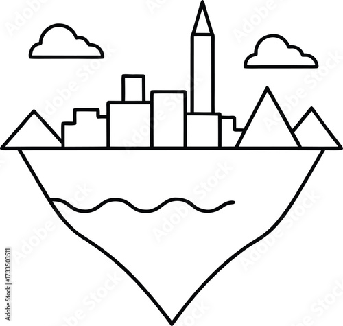 Minimalist line drawing of floating ocean city ecosystem illustration on transparent background