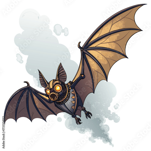 Steampunk bat soars through swirling smoke clouds.