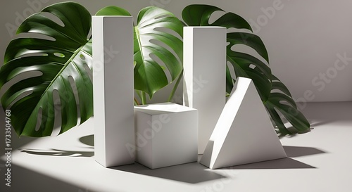 Minimalist Still Life with White Geometric Shapes and Monstera Leaves Backdrop