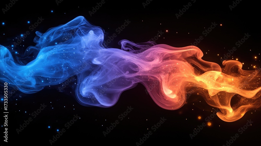 Obraz premium Abstract colorful smoke flowing against a dark background with bright particles