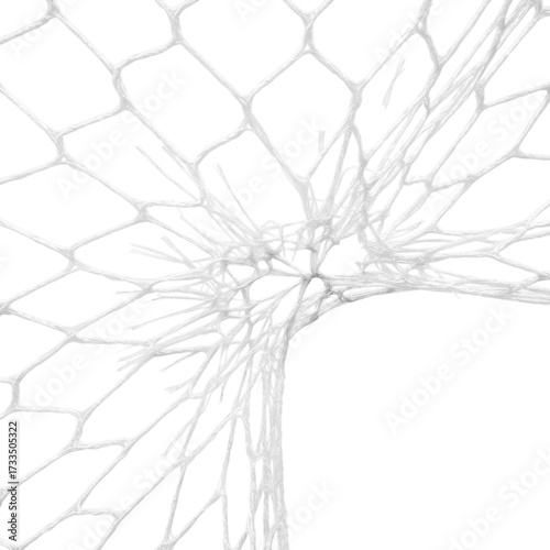 transparent soccer goal net of glossy synthetic fibers, taut and fraying from powerful impact recoil, isolated on clean transparent, extreme macro photography concept of dynamic tension