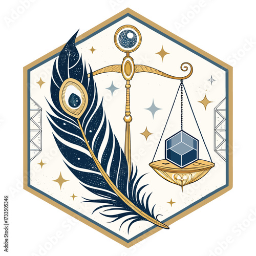 A hexagon with gold trim containing a scale and peacock feather.