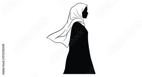 Elegant Muslim Woman Silhouette Wearing Hijab and Abaya in Minimalist Black and White