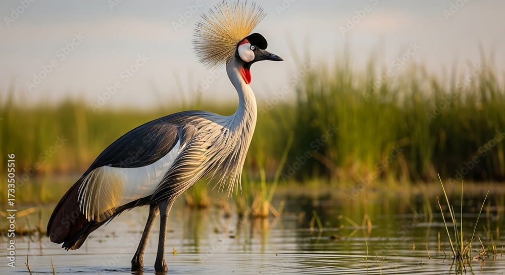 Fototapeta premium Grey Crowned Crane Standing in Shallow Water.