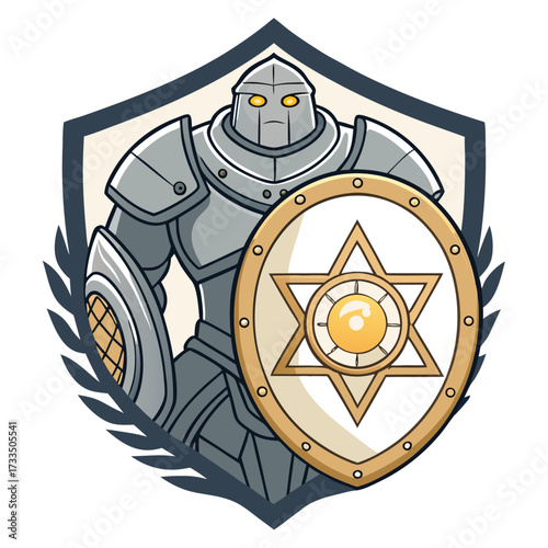 A stylized raven perched on a geometric crystal within a shield.