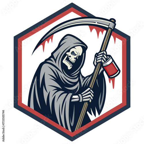 The grim reaper holding a scythe with dripping paint.