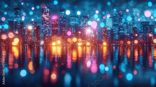 Vibrant cityscape reflection with glowing lights and blurred bokeh effect