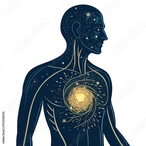 A silhouette of a person filled with a galaxy and cosmic elements.
