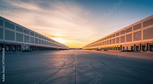 Warehouses flank vast concrete expanse at dawn under colorful sky