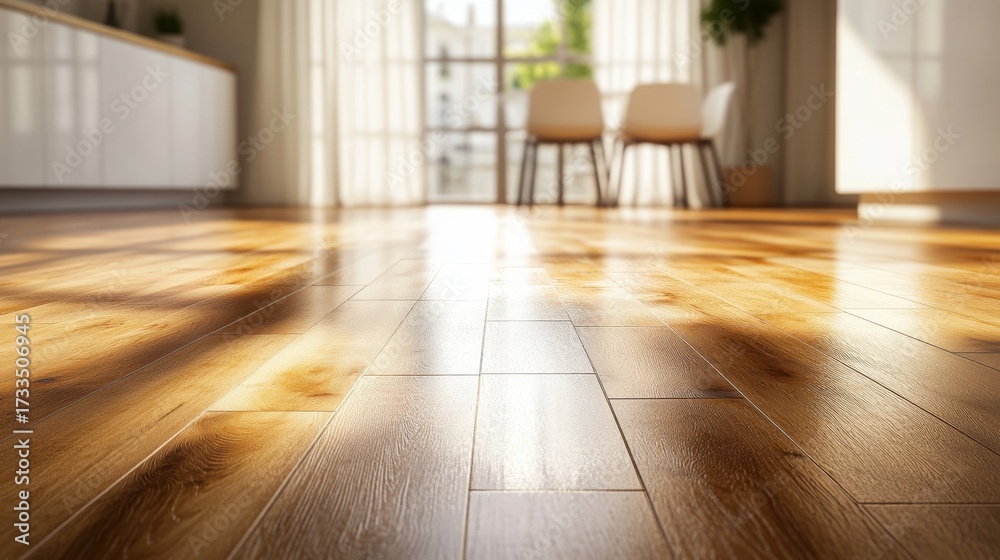 Obraz premium A bright, modern interior featuring polished wooden flooring and a spacious window with soft natural light illuminating the room.
