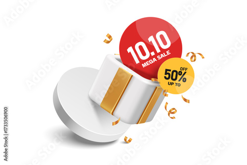 10.10 Promotion campaign sign and 50% discount sign floating into white gift box for Advertising banner design, vector 3d illustration isolated on white background for banner promotion design