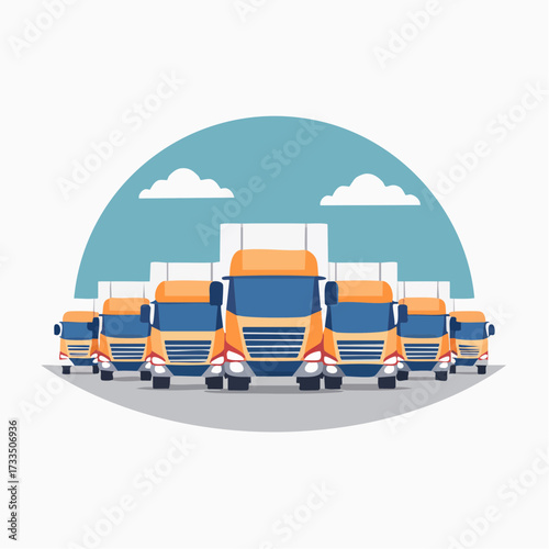 A fleet of orange and blue semi-trucks are parked in front of a warehouse under a cloudy sky.