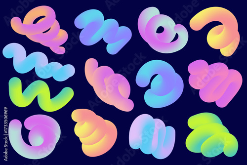 3D abstract gradient shapes. Colored fluid wavy lines. Bright blended holographic pipes on dark background. Swirl modern dynamic strokes. Vector trendy vibrant elements for creative poster